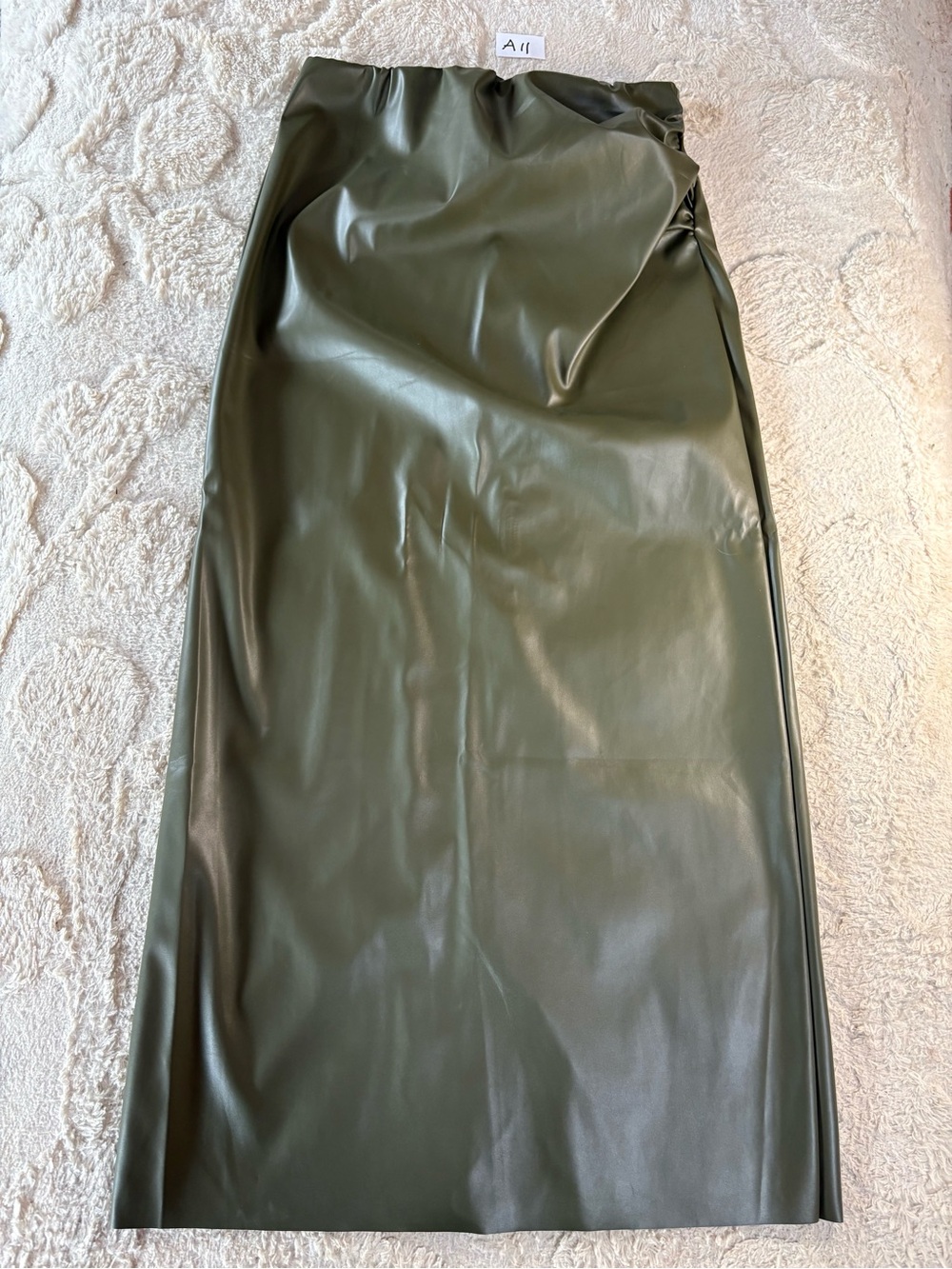 Olive Faux Leather Midi Skirt - Sleek High-Waist Pencil Style